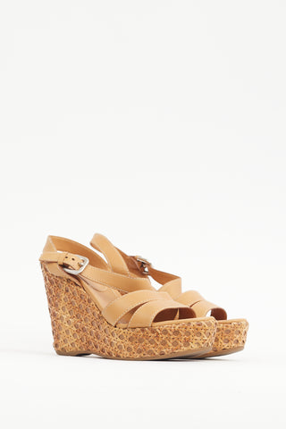 Prada Brown Leather & Woven Straw Wedge Heel