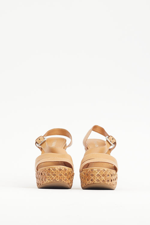 Prada Brown Leather & Woven Straw Wedge Heel