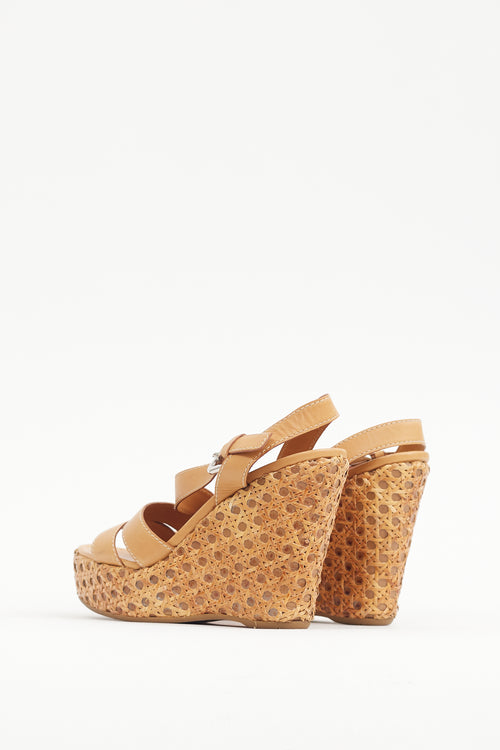 Prada Brown Leather & Woven Straw Wedge Heel