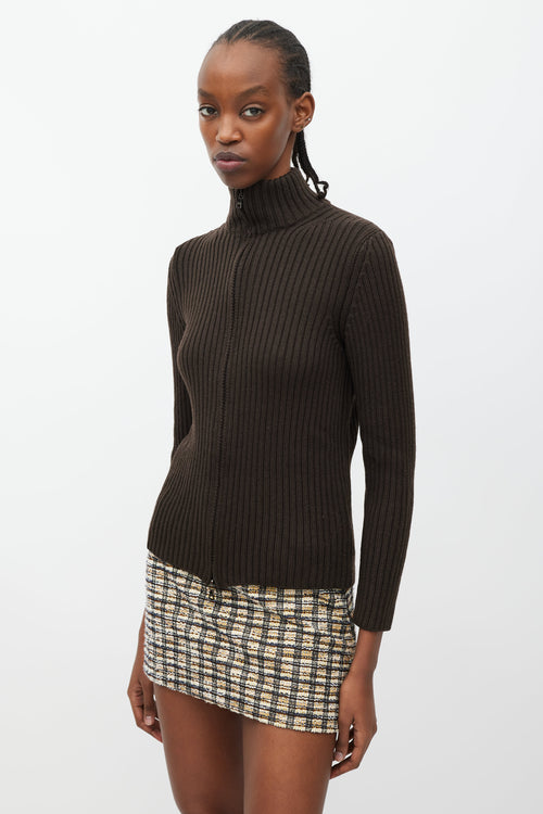 Prada Brown Ribbed Knit Zip Sweater