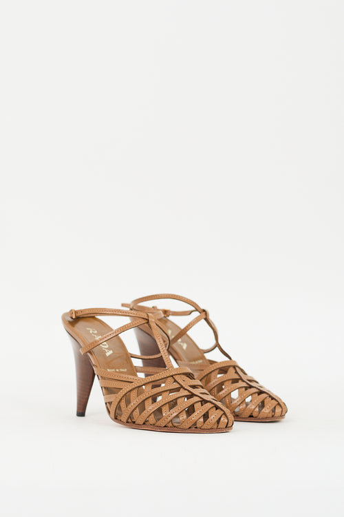 Prada Brown Leather Woven T-Strap Pump