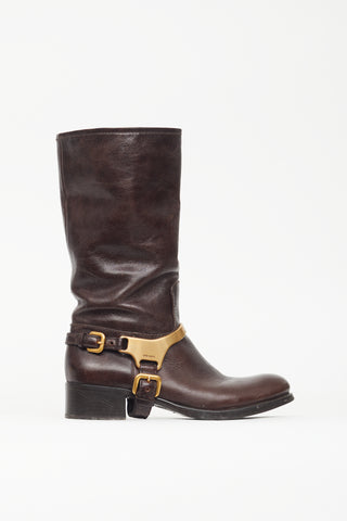 Prada Brown & Gold Leather Harness Boot