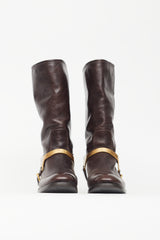 Prada Brown & Gold Leather Harness Boot