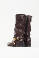 Prada Brown & Gold Leather Harness Boot