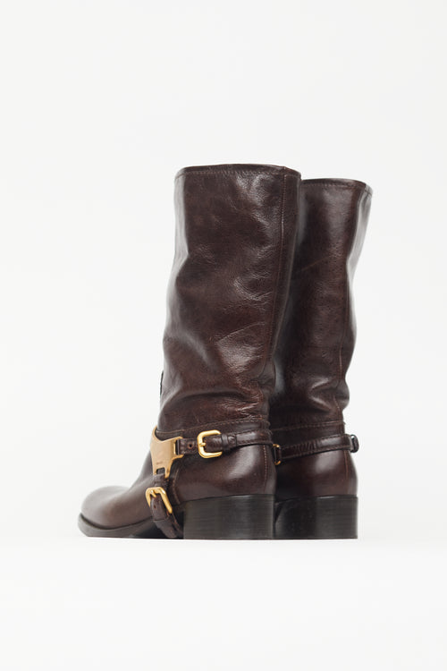 Prada Brown & Gold Leather Harness Boot