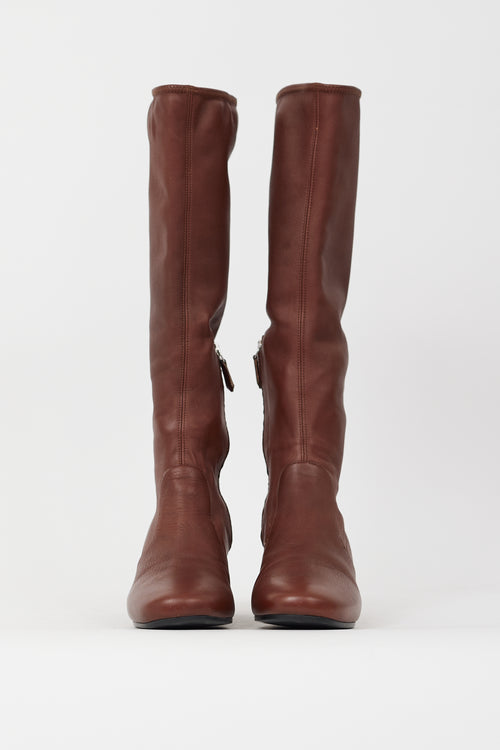 Prada Brown Leather Stretch Knee High Boot