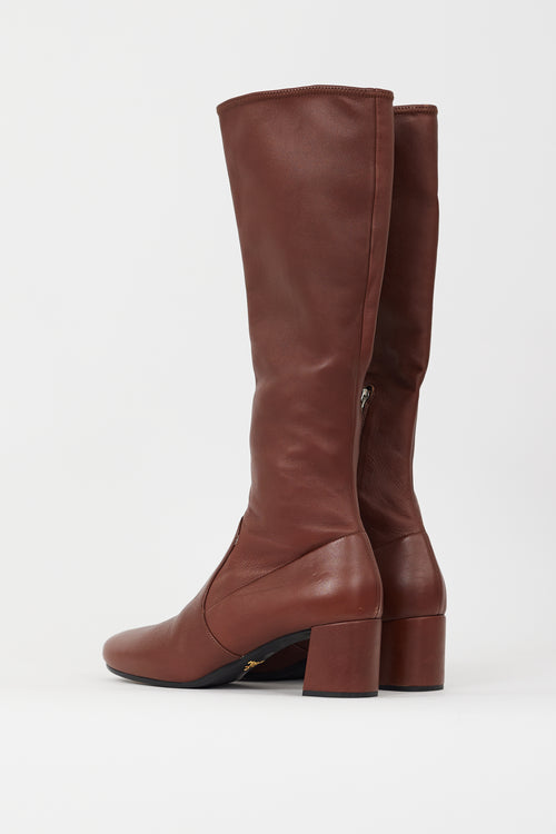 Prada Brown Leather Stretch Knee High Boot