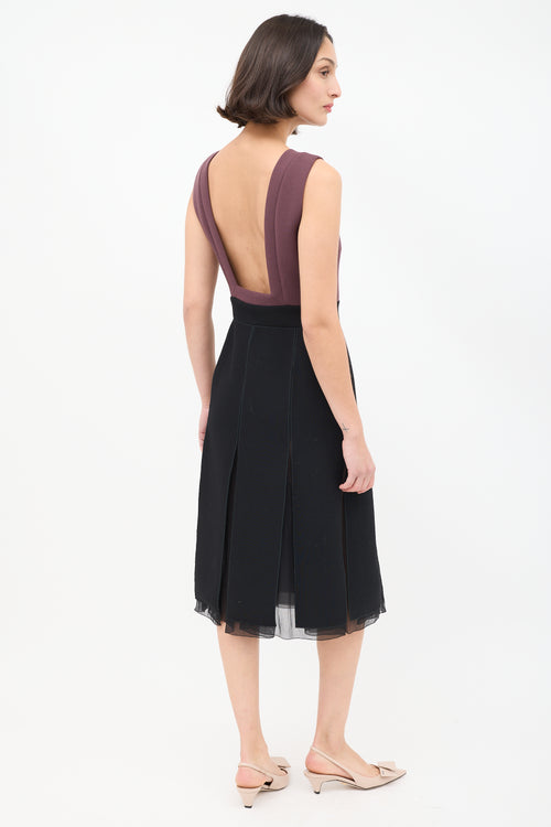 Prada Burgundy & Black Colourblock Kick Pleat Dress