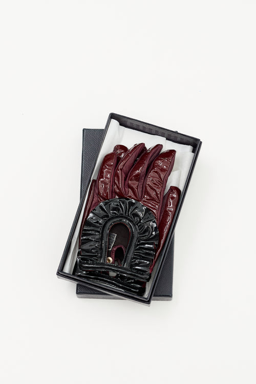 Prada Burgundy & Black Patent Cut Out Gloves