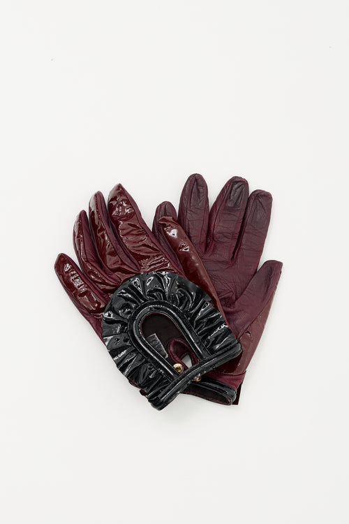 Prada Burgundy & Black Patent Cut Out Gloves