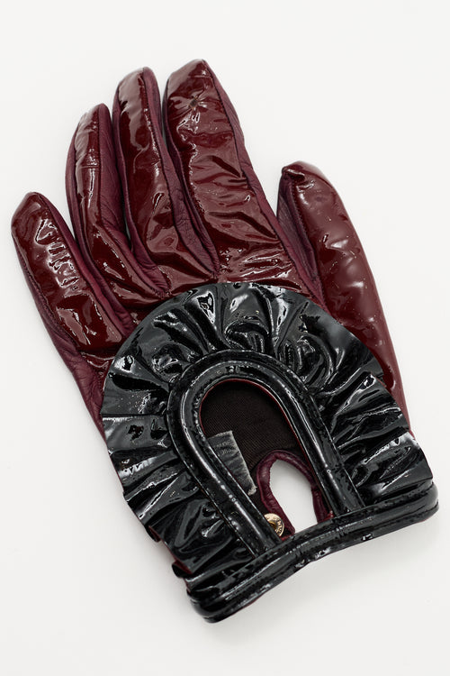 Prada Burgundy & Black Patent Cut Out Gloves