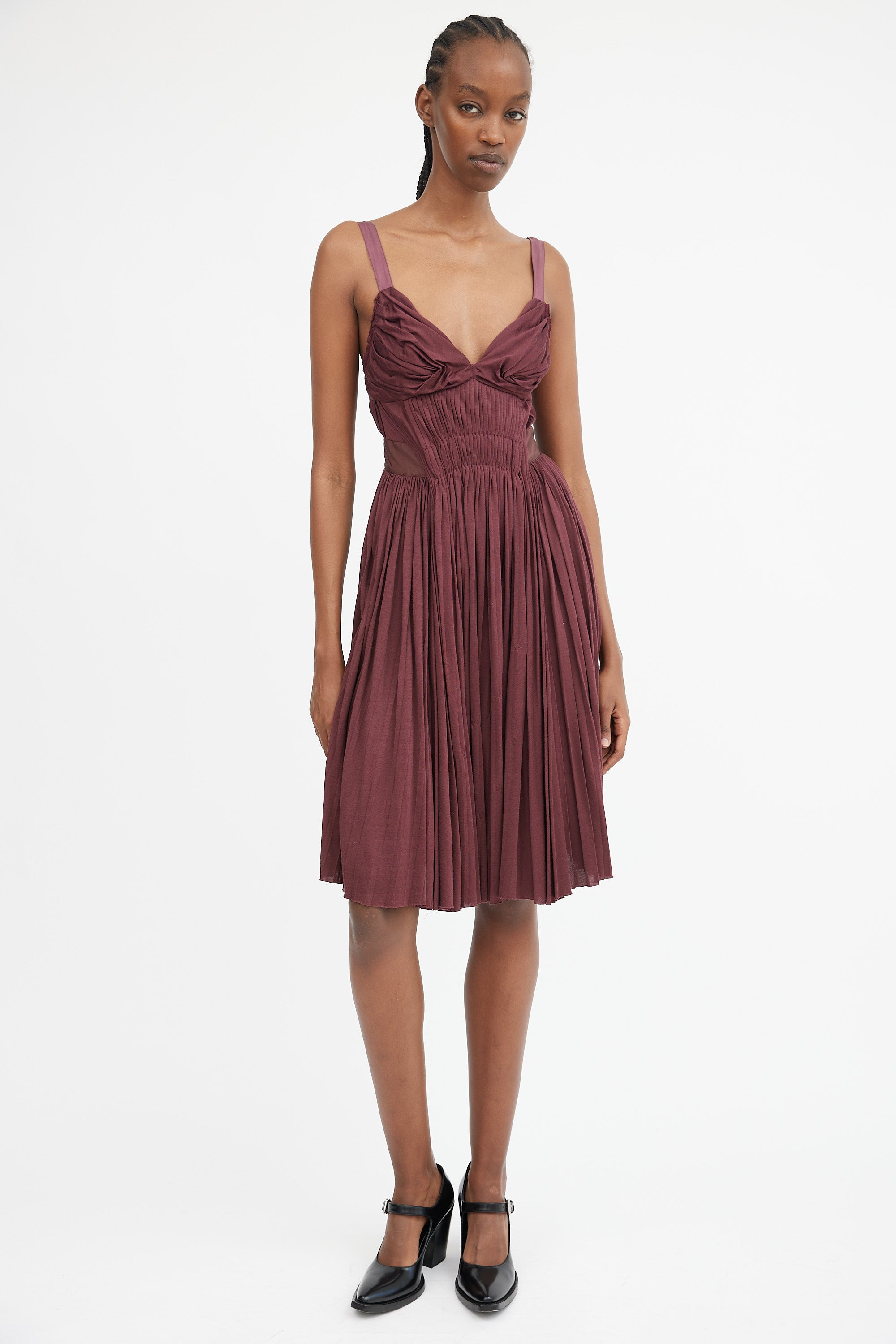 Prada // Burgundy Gathered & Pleated Midi Dress VSP Consignment Prada // Burgundy Gathered & Pleated Midi Dress VSP Consignment