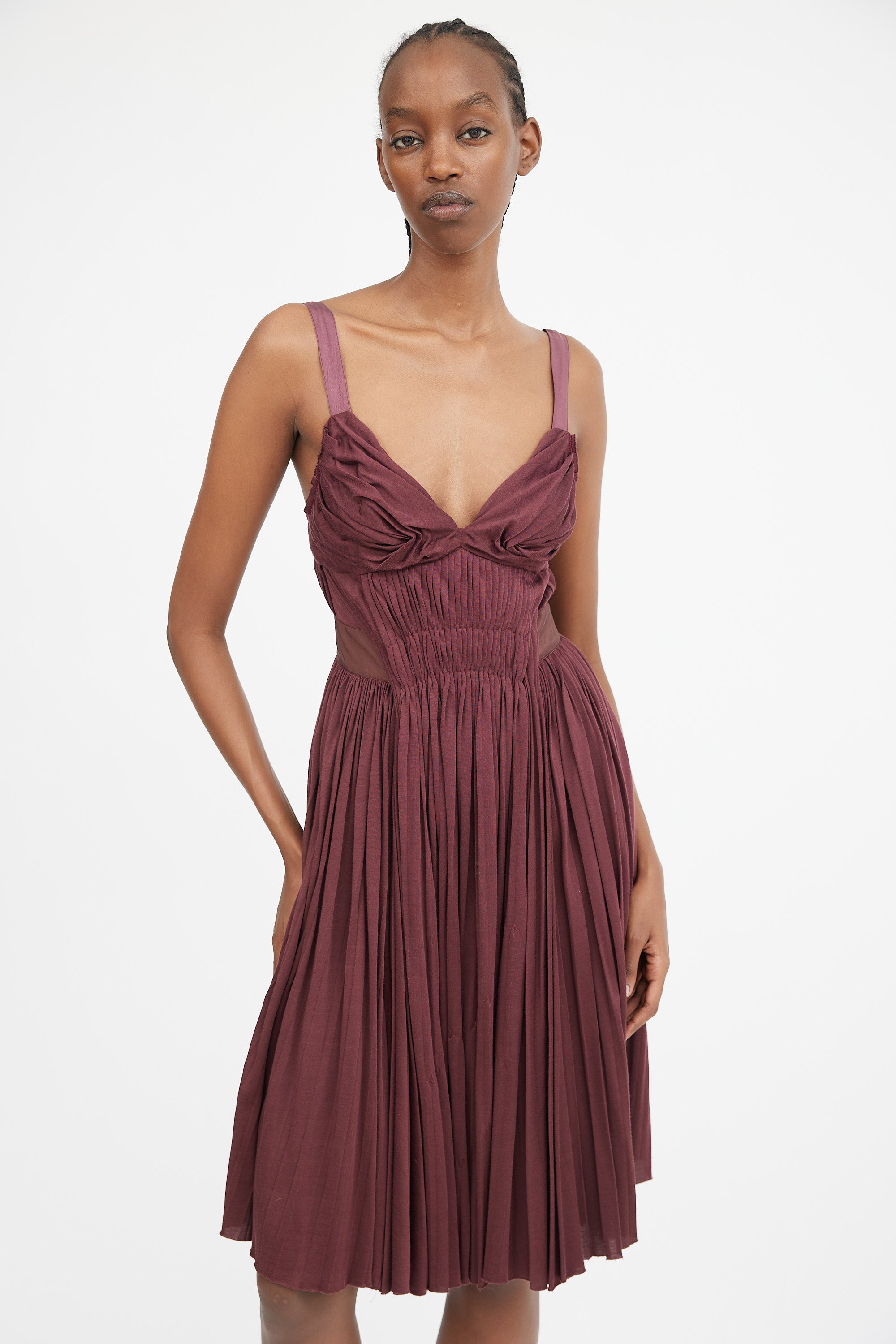 Prada // Burgundy Gathered & Pleated Midi Dress VSP Consignment Prada // Burgundy Gathered & Pleated Midi Dress VSP Consignment