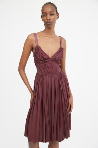 Burgundy Gathered & Pleated Midi Dress