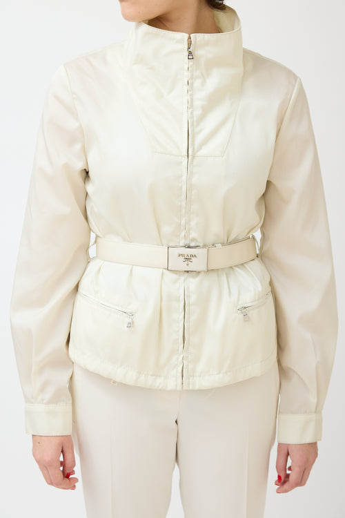 Prada Cream Nylon Belted Zip Jacket