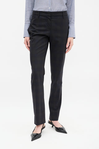 Prada Dark Grey & Navy Plaid Buckle Waist Trouser