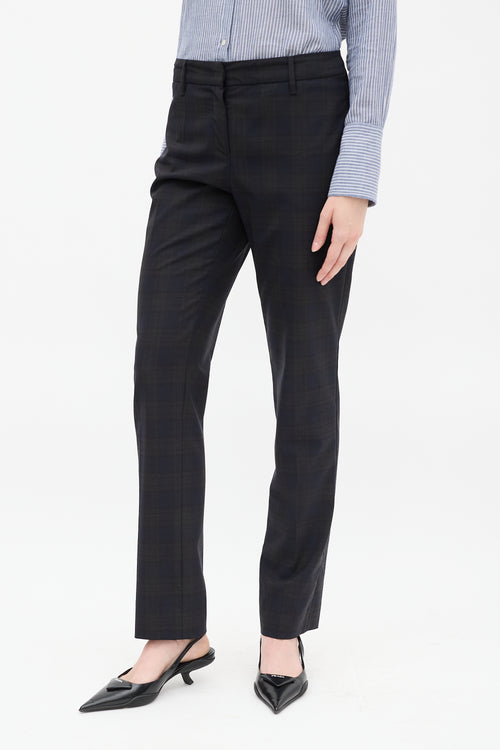 Prada Dark Grey & Navy Plaid Buckle Waist Trouser