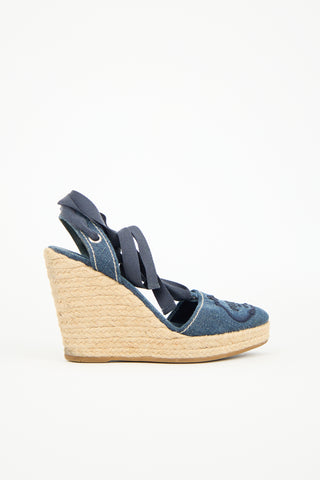 Prada Denim Espadrille Wedge Sandal