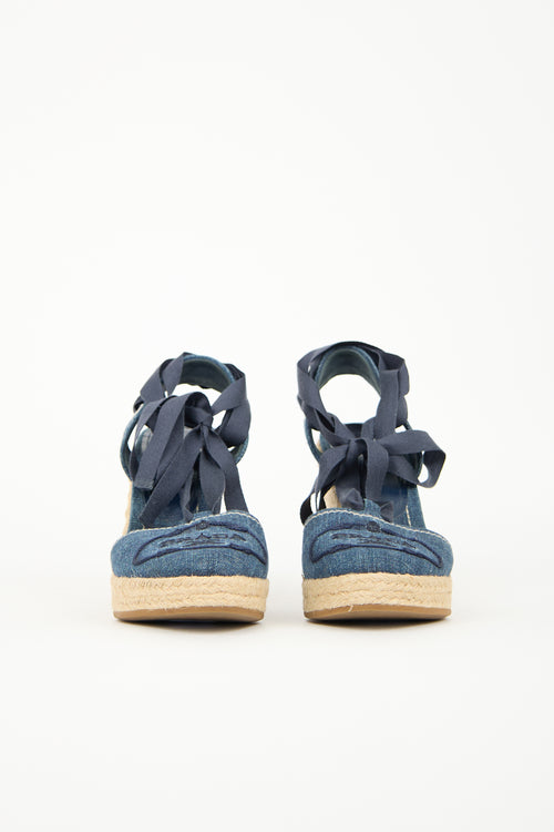 Prada Denim Espadrille Wedge Sandal