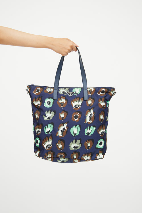 Prada Navy Floral Tessuto Stampata Tote Bag