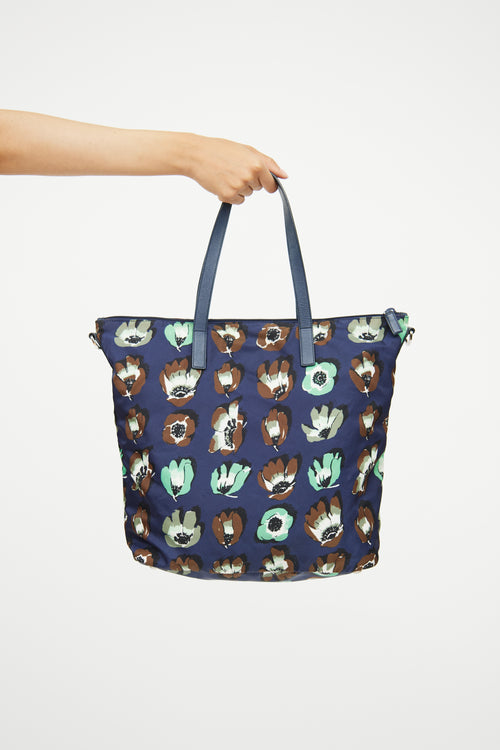 Prada Navy Floral Tessuto Stampata Tote Bag