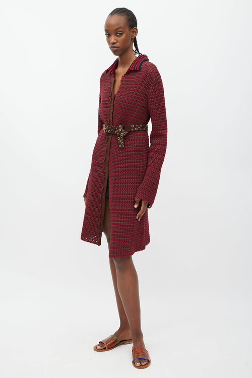 Prada Fuchsia & Brown Crochet Long Cardigan