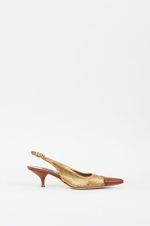 Prada Gold & Brown Sequin Slingback Pump