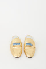 Prada Gold Metallic Leather Logo Etiquette Mule