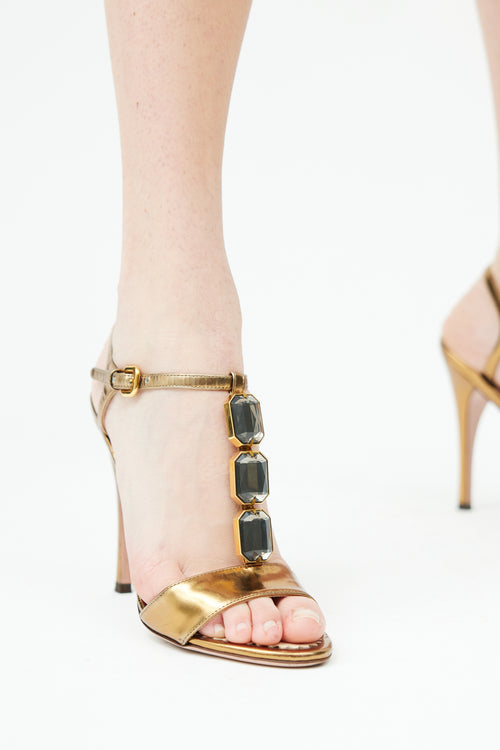  Metallic Gold Leather Gem Embellishment Heel