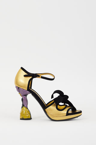 Prada Gold & Black Leather & Suede Floral Heel
