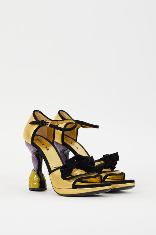 Prada Gold & Black Leather & Suede Floral Heel