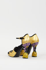 Prada Gold & Black Leather & Suede Floral Heel