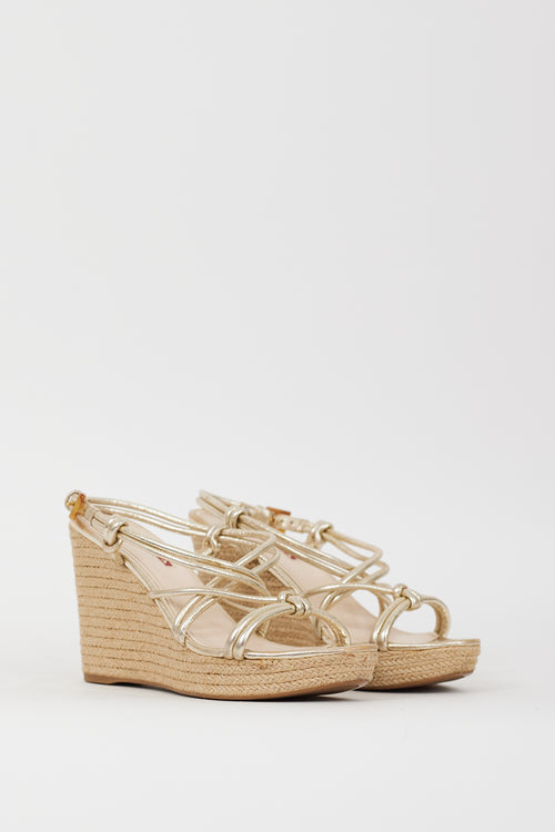 Prada Sport Gold Leather & Espadrille Wedge Sandal