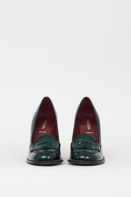 Prada Green Patent Leather Penny Loafer Heel