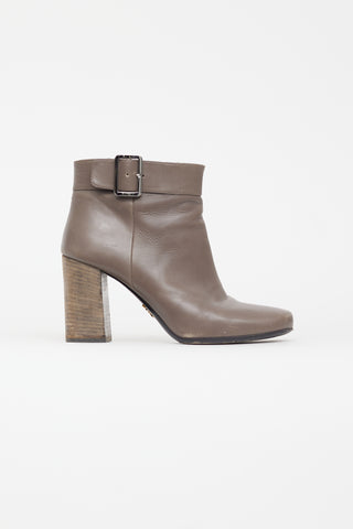 Prada Grey Leather Buckle Ankle Boot