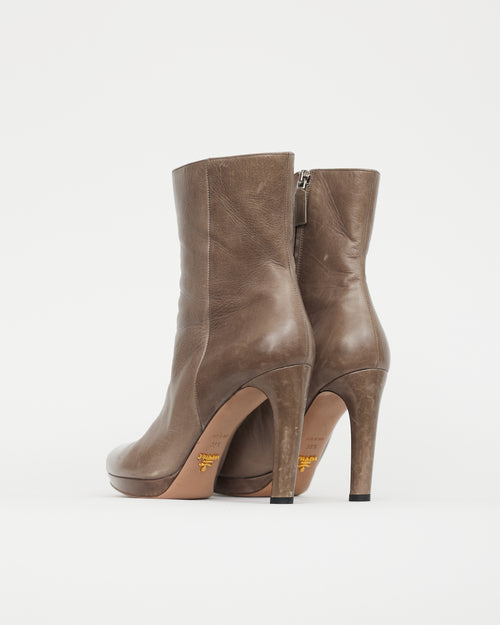 Grey Leather Platform Ankle Boot