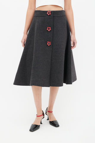 Miu Miu Grey & Red Wool Floral Skirt