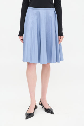 Prada Light Blue Leather Pleated Midi Skirt