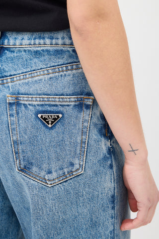 Prada Light Wash High Waist Logo Jeans