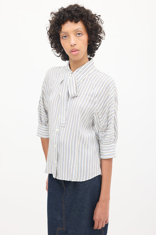 Prada Light Blue & Multicolour Striped Gathered Shirt