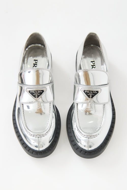 Prada Metallic Leather Logo Loafer