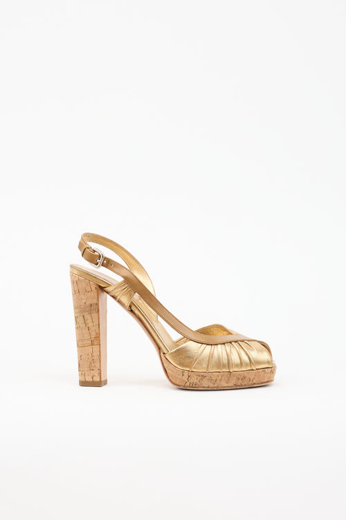 Prada Metallic Leather & Cork Sandal