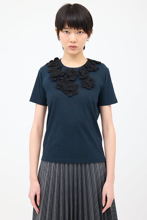 Prada Navy & Black Floral Applique T-Shirt