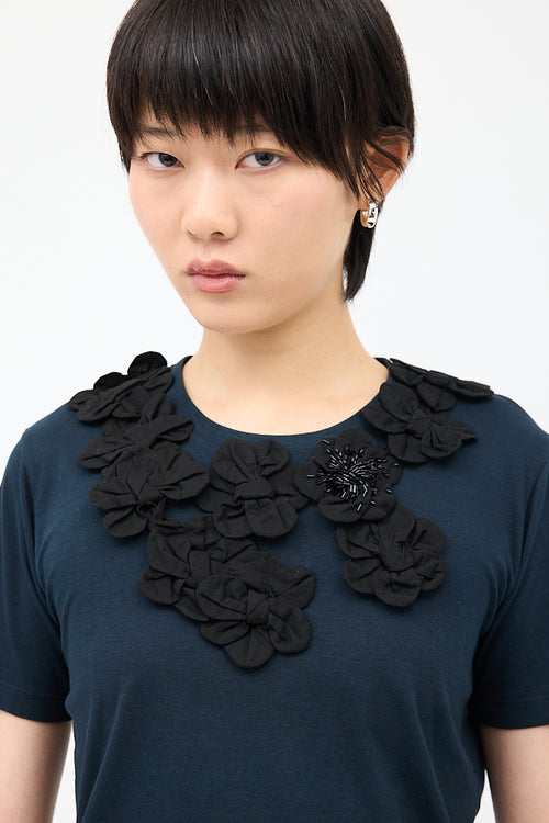 Prada Navy & Black Floral Applique T-Shirt