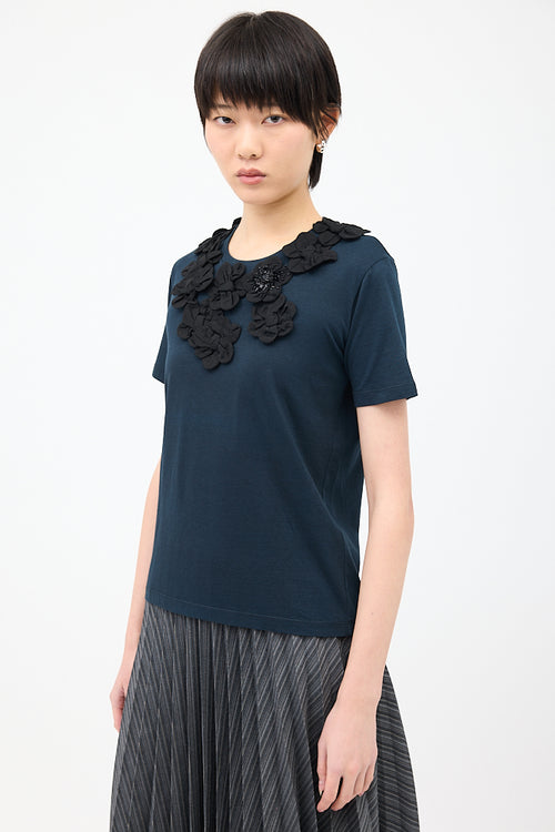 Prada Navy & Black Floral Applique T-Shirt