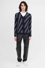 Prada Navy & Grey V-Neck Patterned Sweater