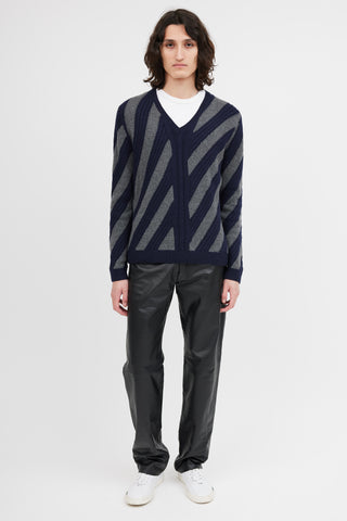 Prada Navy & Grey V-Neck Patterned Sweater