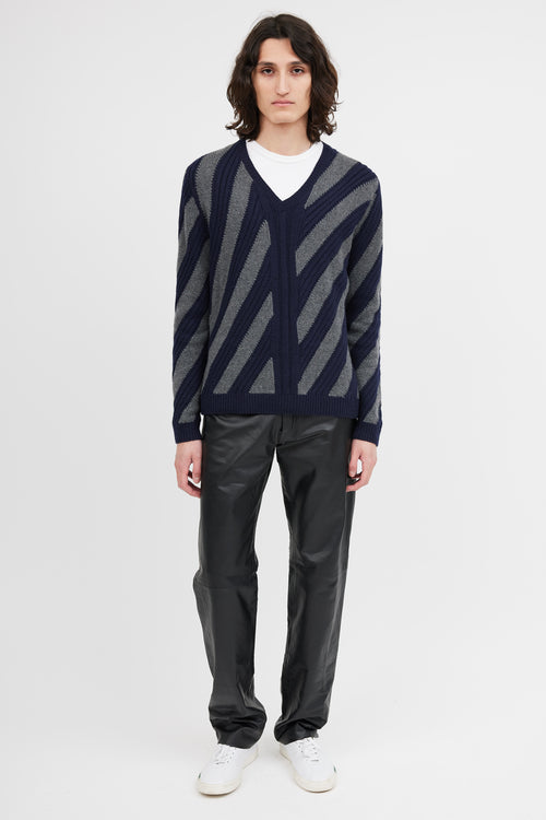 Prada Navy & Grey V-Neck Patterned Sweater