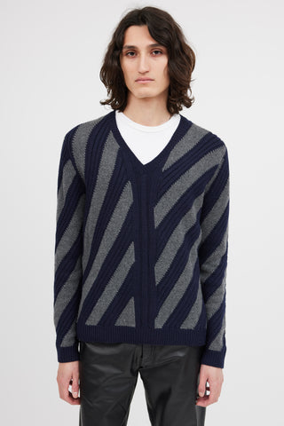 Prada Navy & Grey V-Neck Patterned Sweater