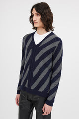 Prada Navy & Grey V-Neck Patterned Sweater